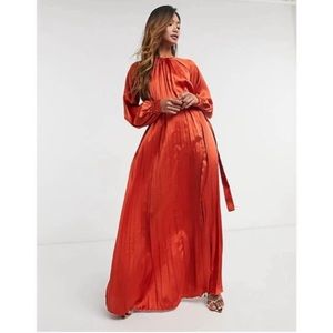 ASOS Satin Pleated Trapeze Dress Orange 14